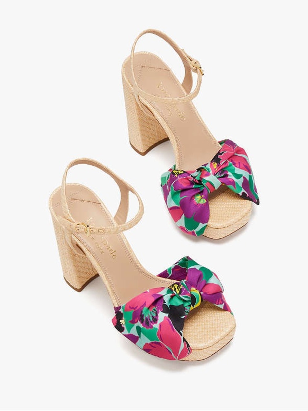 kate spade Floral Bow Block-Heel Sandals in Pink and Green